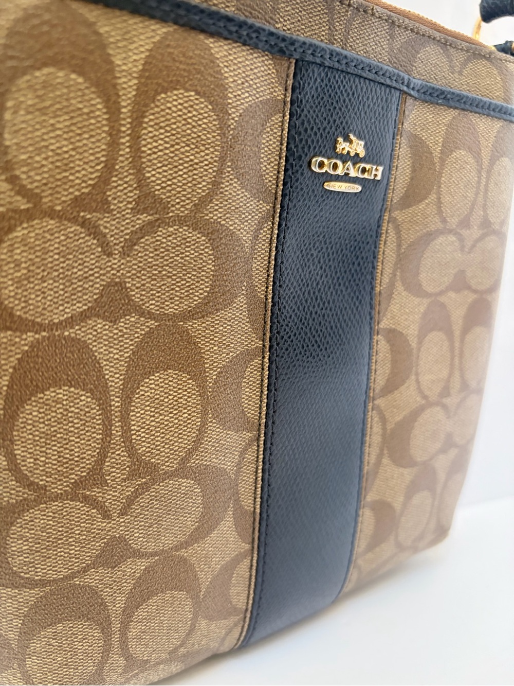COACH Brown Signature Canvas Crossbody with NAVY Center Stripe - Picture 3 of 12